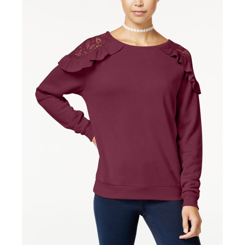 Self Esteem Juniors Ruffled Lace Trim Cold Shoulder Sweatshirt